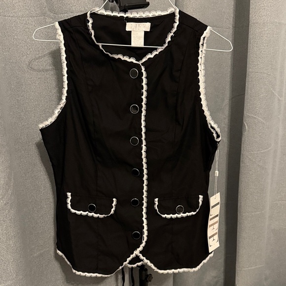 Chic Black Vest with White Trim, ties to adjust in back! - Picture 1 of 3